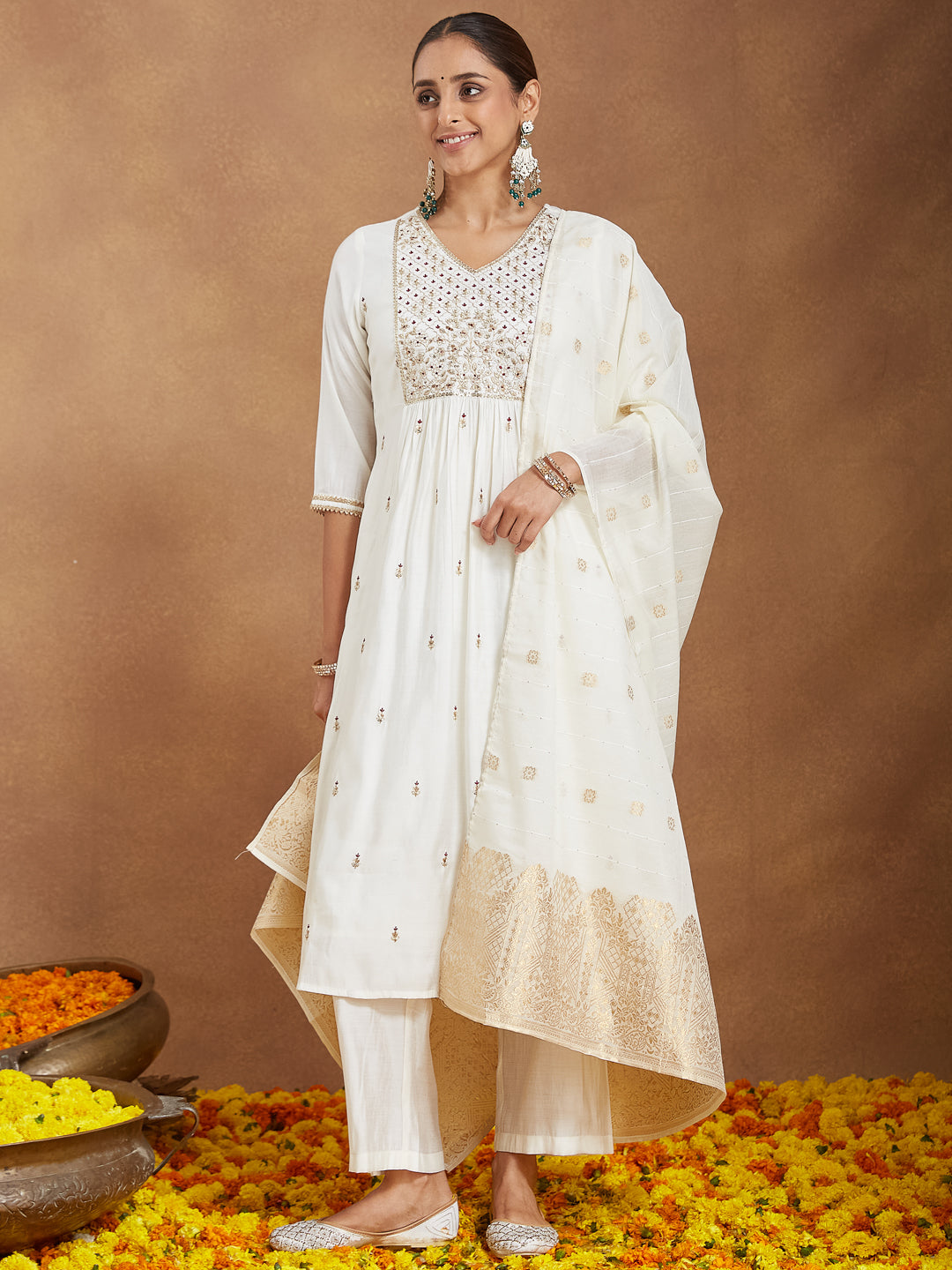 Janasya Women's Off White Chanderi Silk Zari Embroidered A-line Kurta Set With Dupatta - qivii