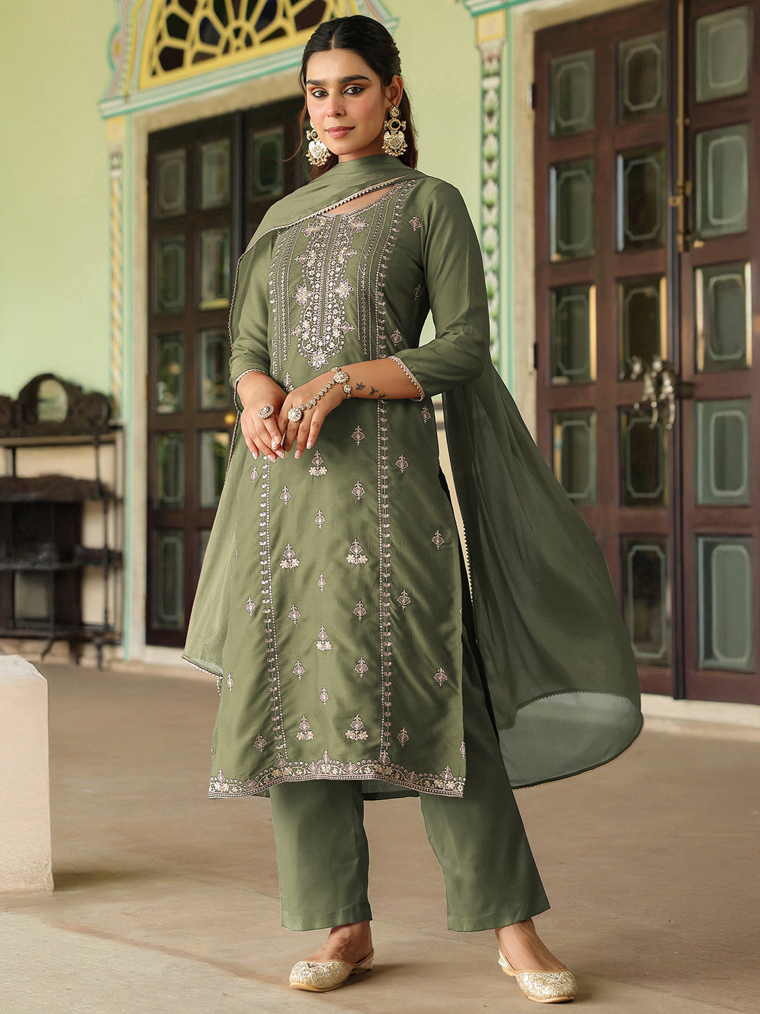 Janasya Women's Sage Green Silk Blend Zari Embroidered Straight Kurta Set