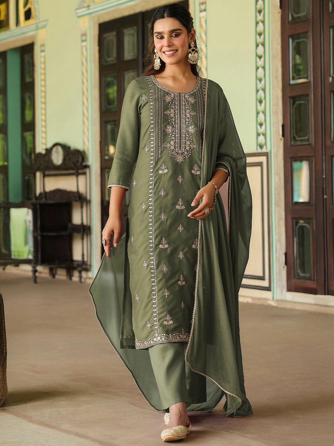 Janasya Women's Sage Green Silk Blend Zari Embroidered Straight Kurta Set