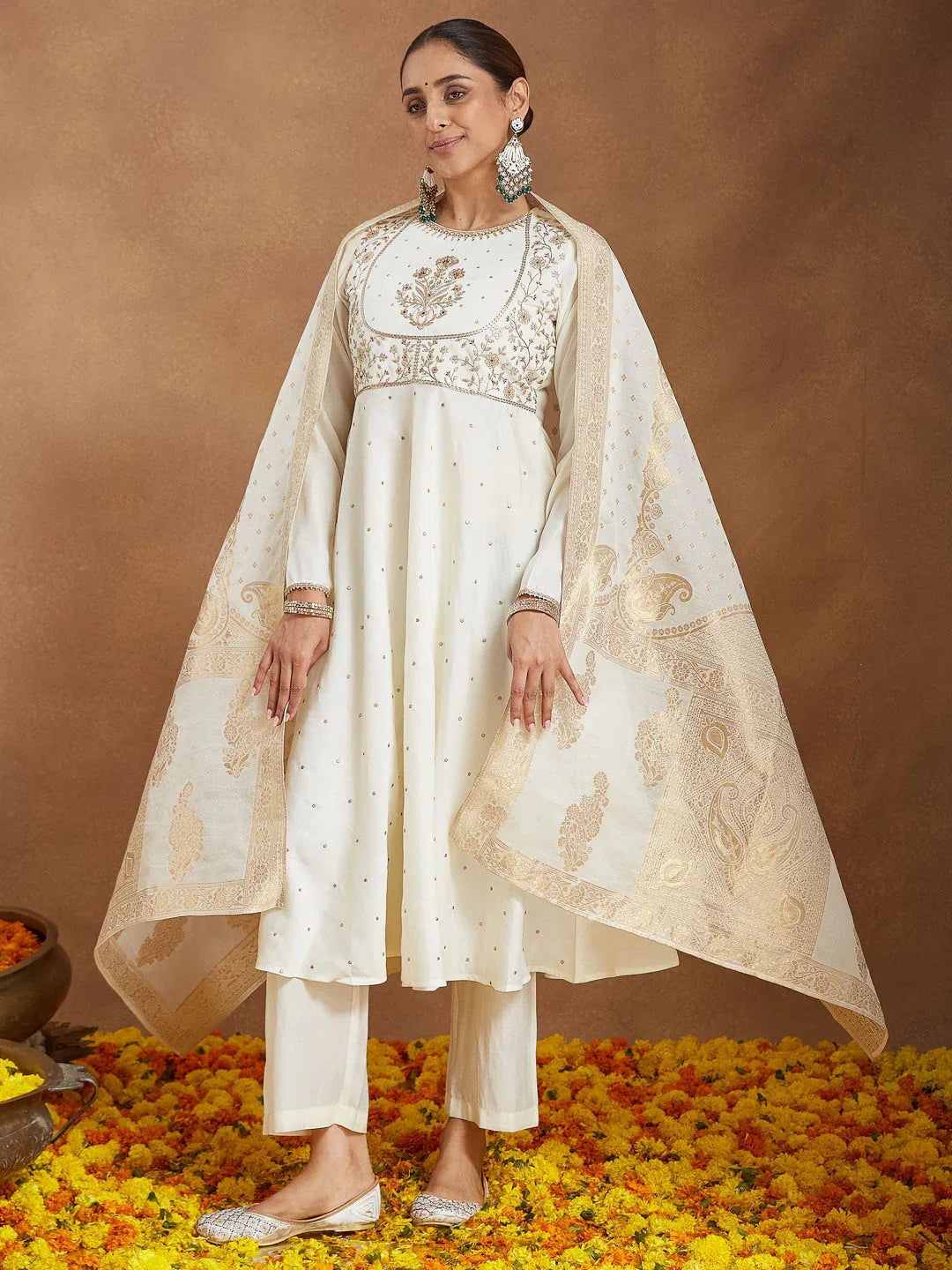 Janasya Women's Off White Chanderi Silk Embroidered A-line Kurta Set