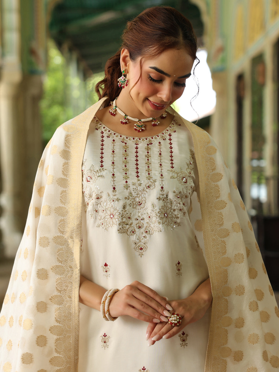 Janasya Women's Off White Chanderi Silk Embroidered Straight Kurta Set