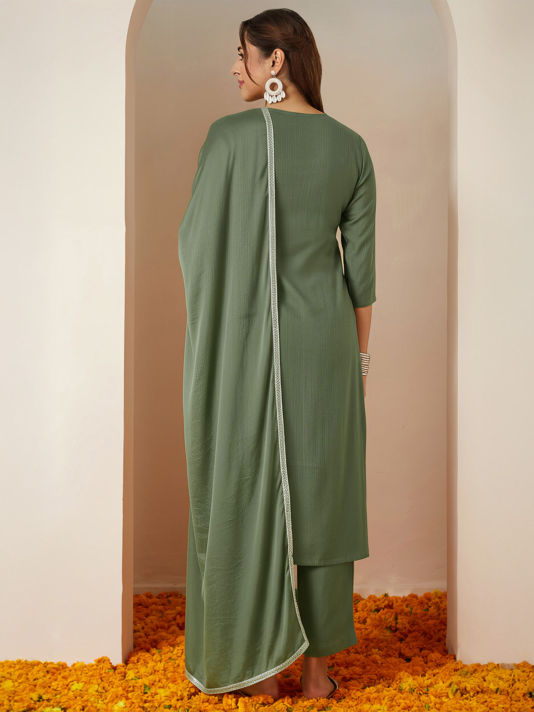 Janasya Women's Sage Green Silk Blend Embroidered Straight Kurta Set