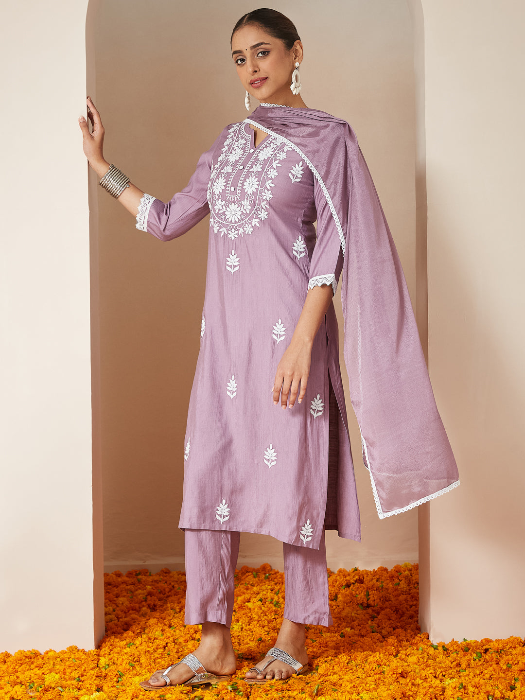 Janasya Women's Lavender Silk Blend Embroidered Straight Kurta Set - qivii