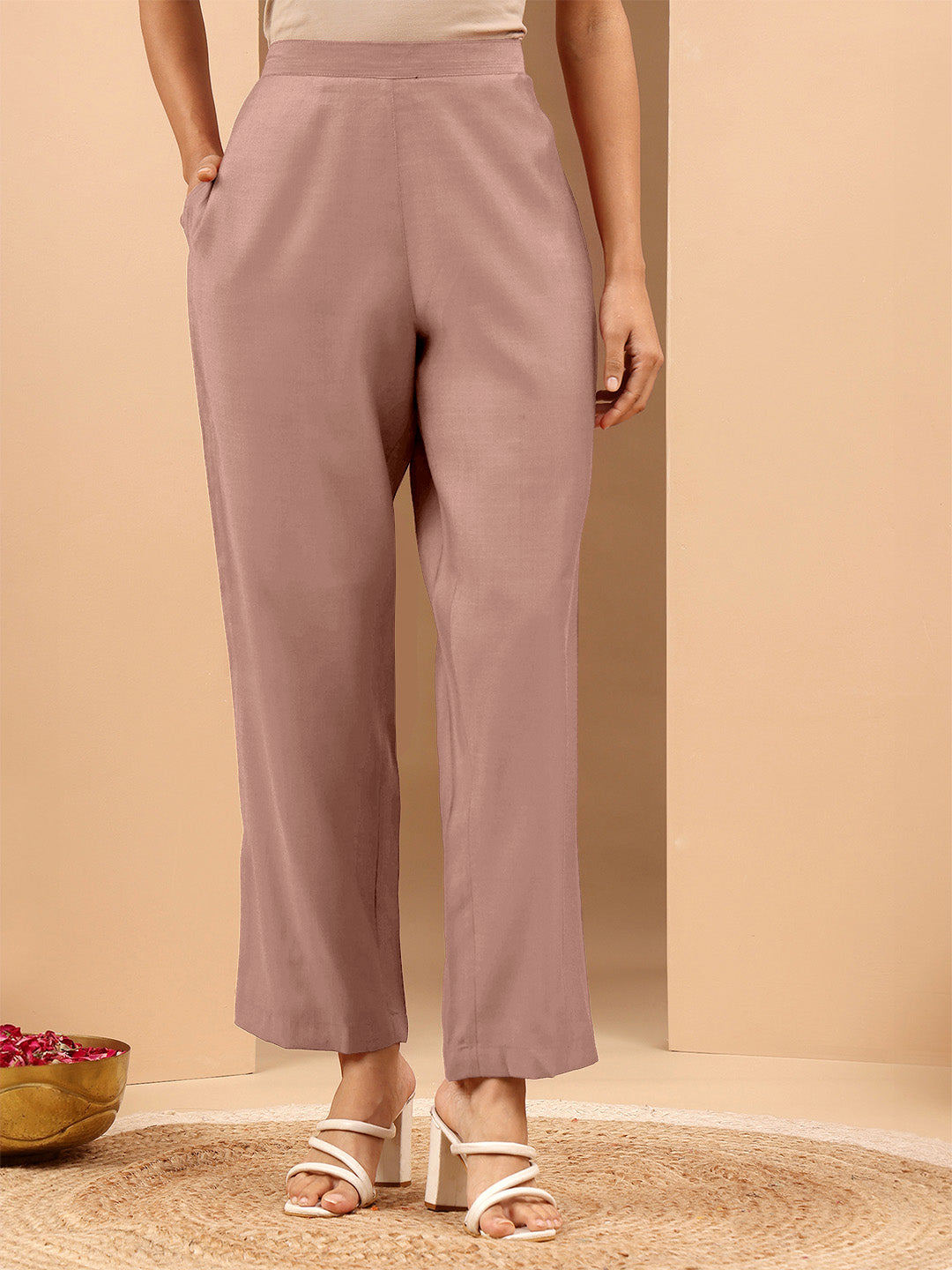 Janasya Women's Brown Silk Blend Embroidered Straight Kurta Set - qivii