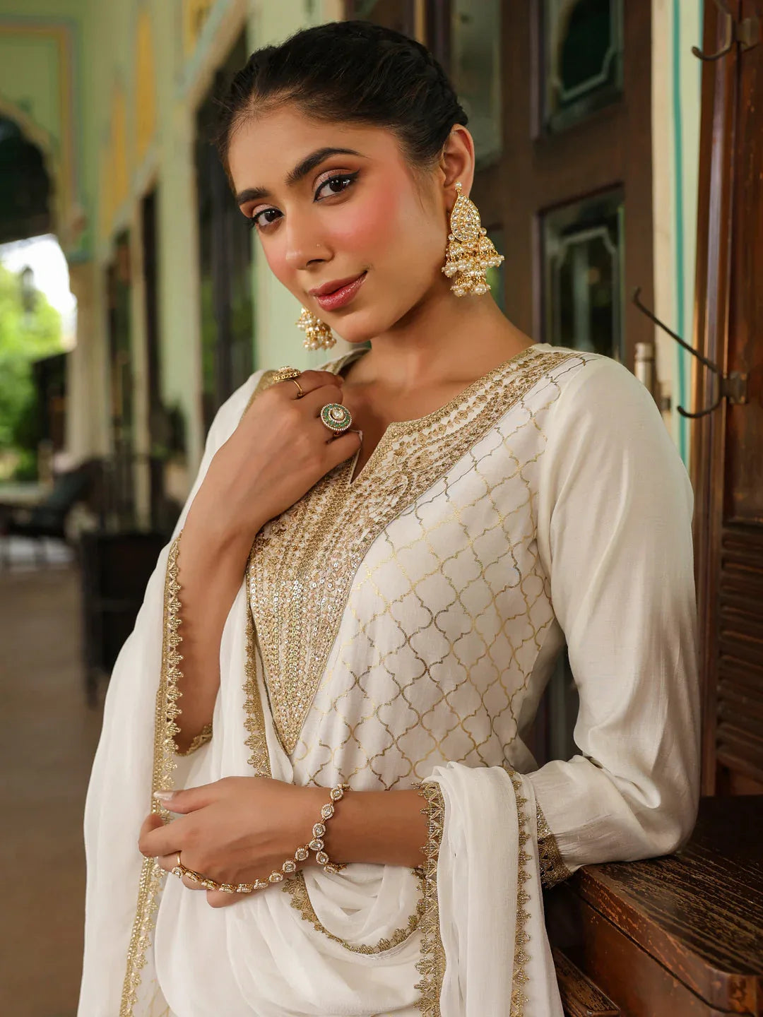 Janasya Women's Off White Chanderi Silk Gold Zari Yoke Embroidered Straight Kurta Set
