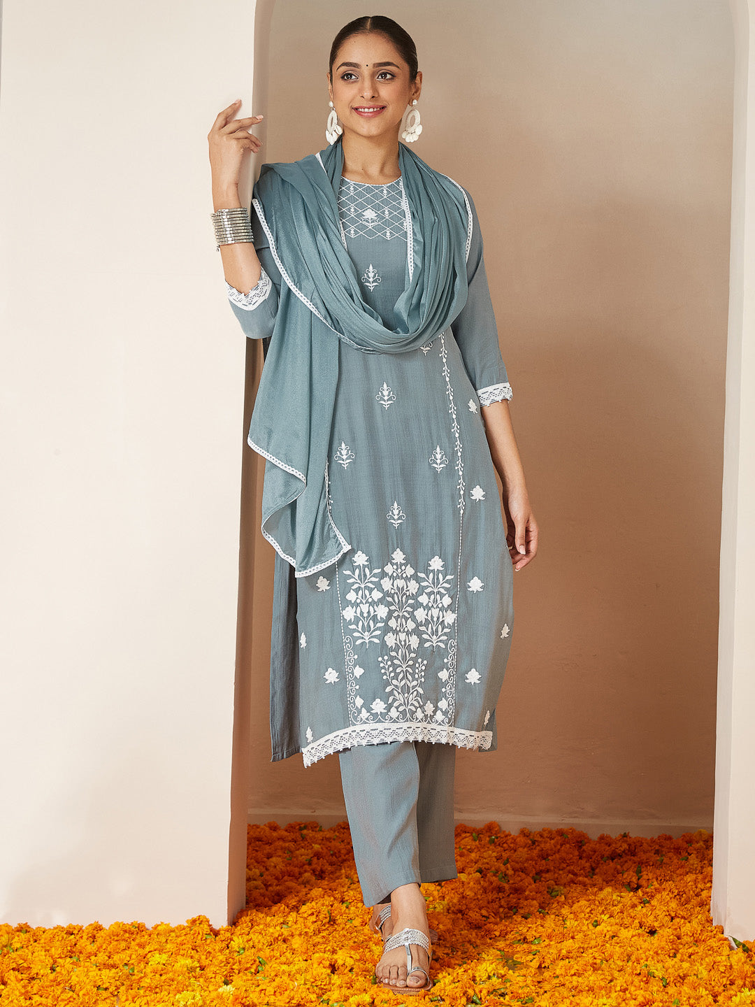 Janasya Women's Powder Blue Silk Blend Embroidered Straight Kurta Set - qivii