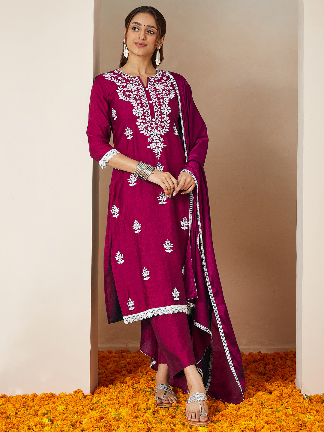 Janasya Women's Pink Silk Blend Embroidered Straight Kurta Set With Dupatta - qivii