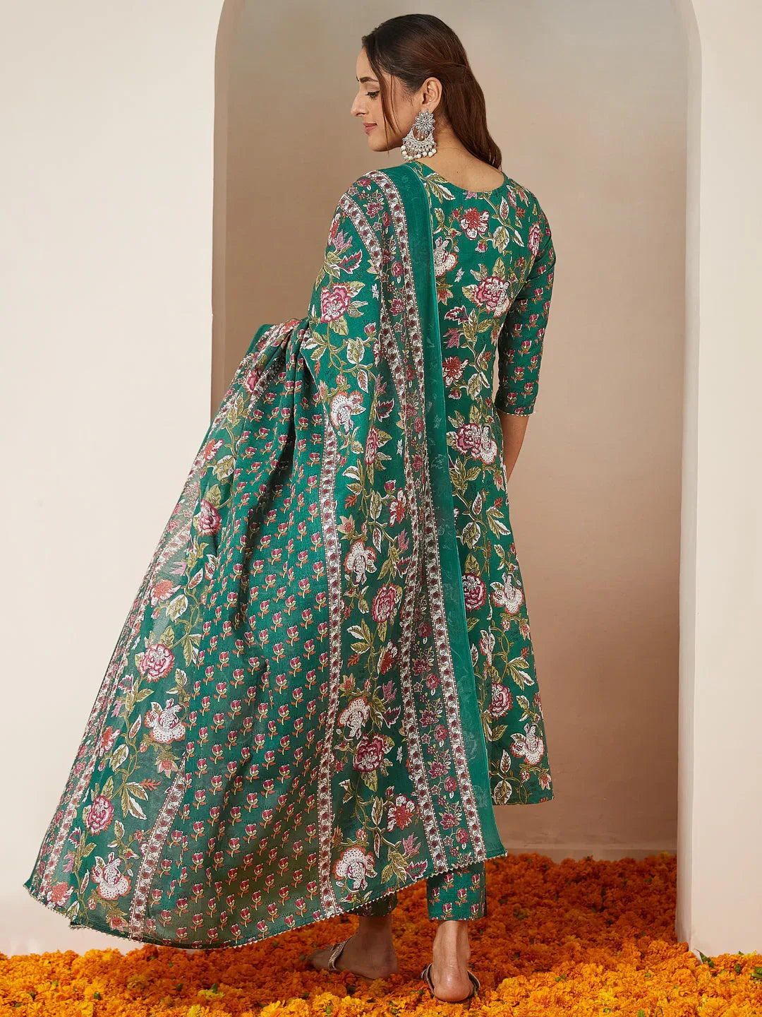 Janasya Women's Green Pure Cotton Floral Printed Yoke Design Anarkali Kurta Set