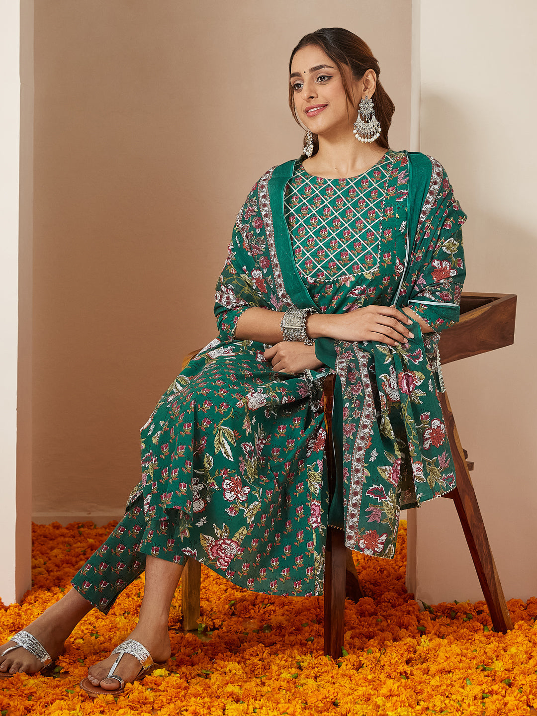 Janasya Women's Green Pure Cotton Floral Printed Yoke Design Anarkali Kurta Set - qivii
