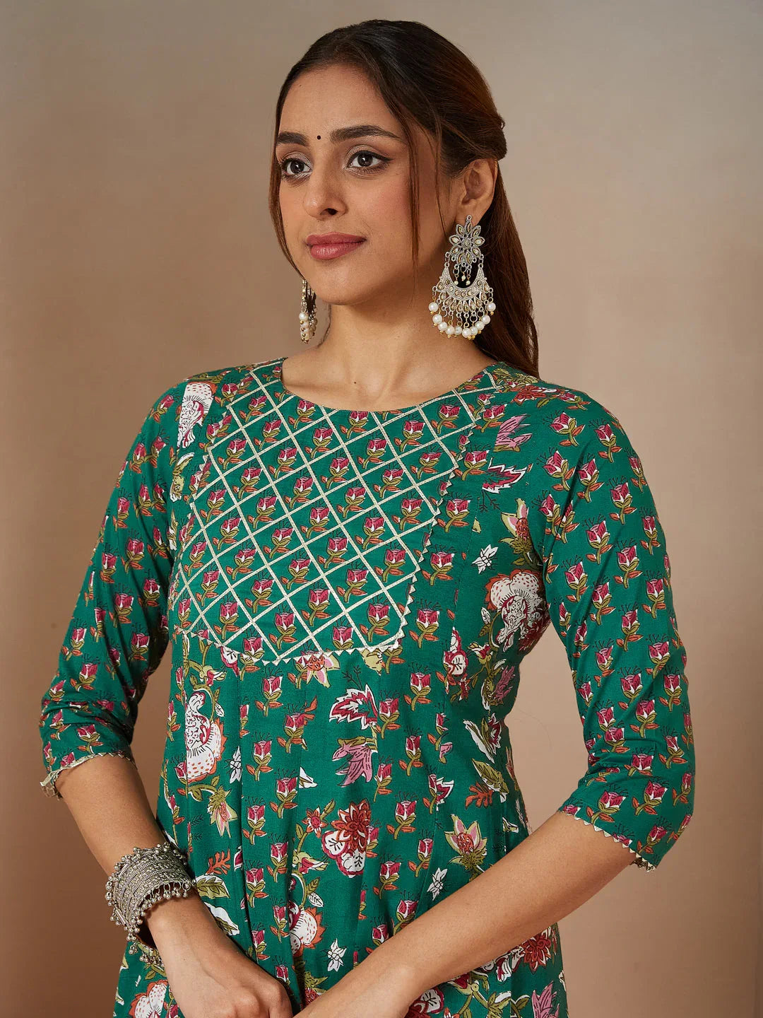 Janasya Women's Green Pure Cotton Floral Printed Yoke Design Anarkali Kurta Set