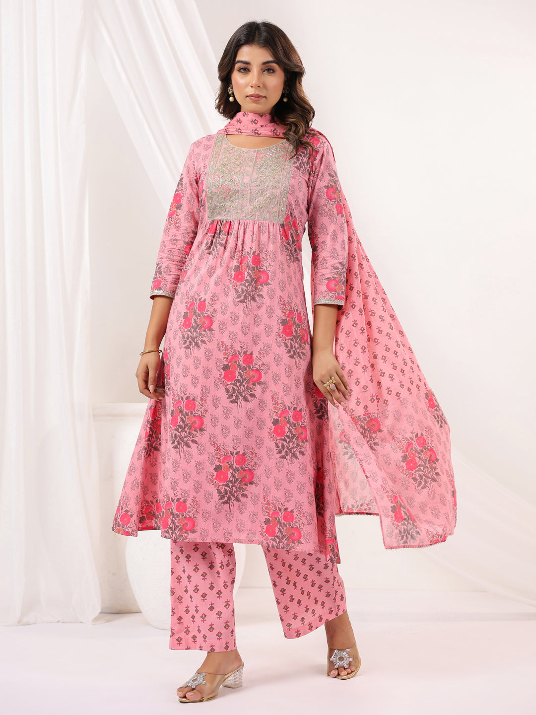 Janasya Women's Pink Pure Cotton Yoke Embroidered Floral Printed Gathered Kurta Set - qivii
