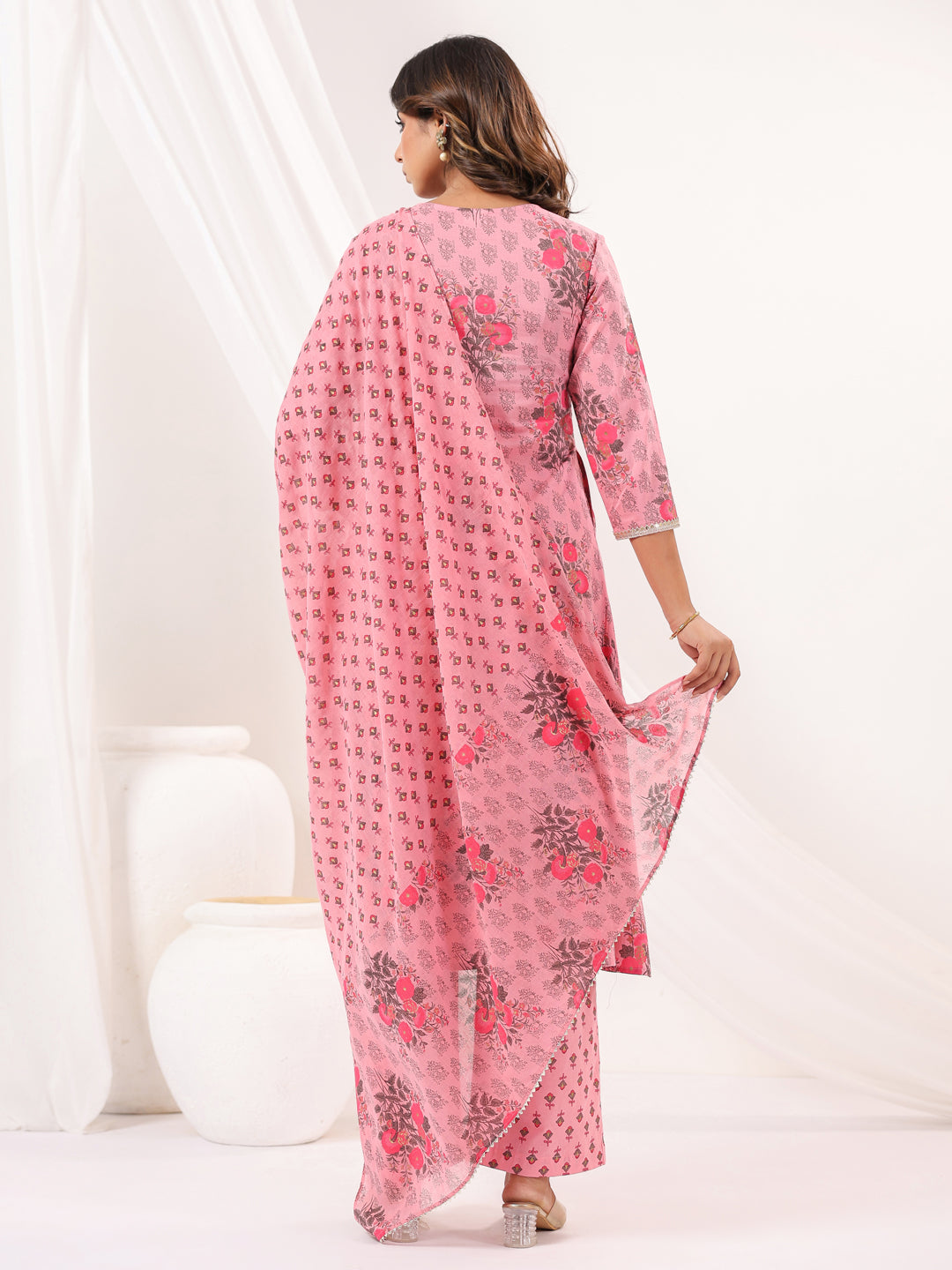 Janasya Women's Pink Pure Cotton Yoke Embroidered Floral Printed Gathered Kurta Set - qivii