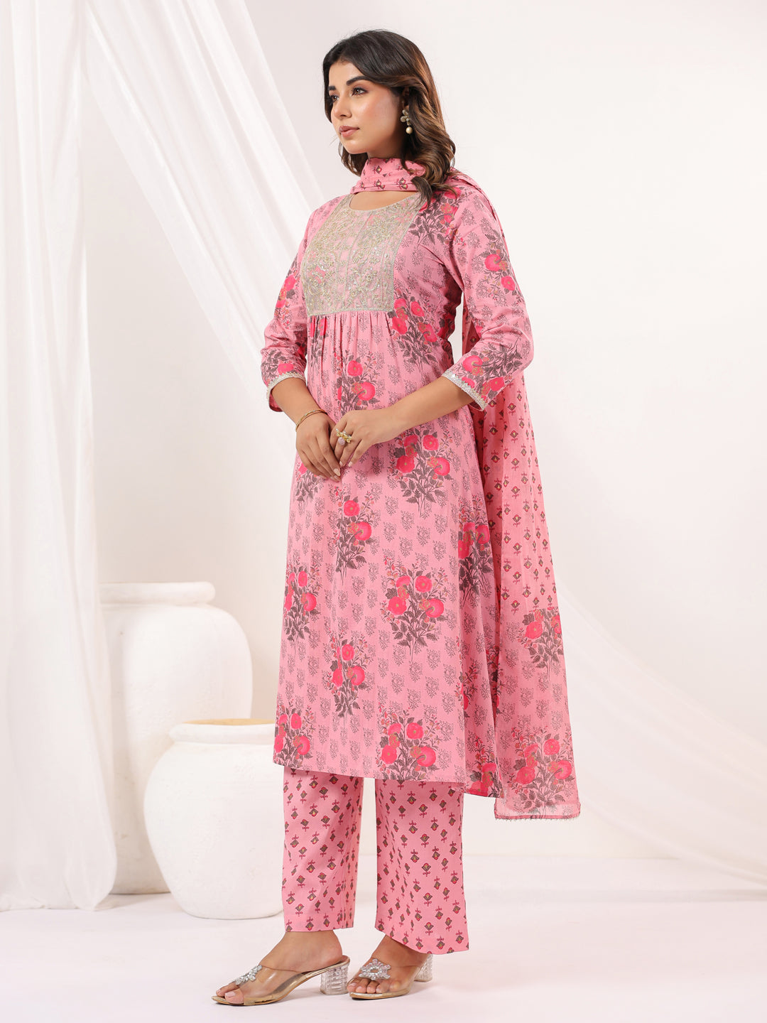 Janasya Women's Pink Pure Cotton Yoke Embroidered Floral Printed Gathered Kurta Set - qivii