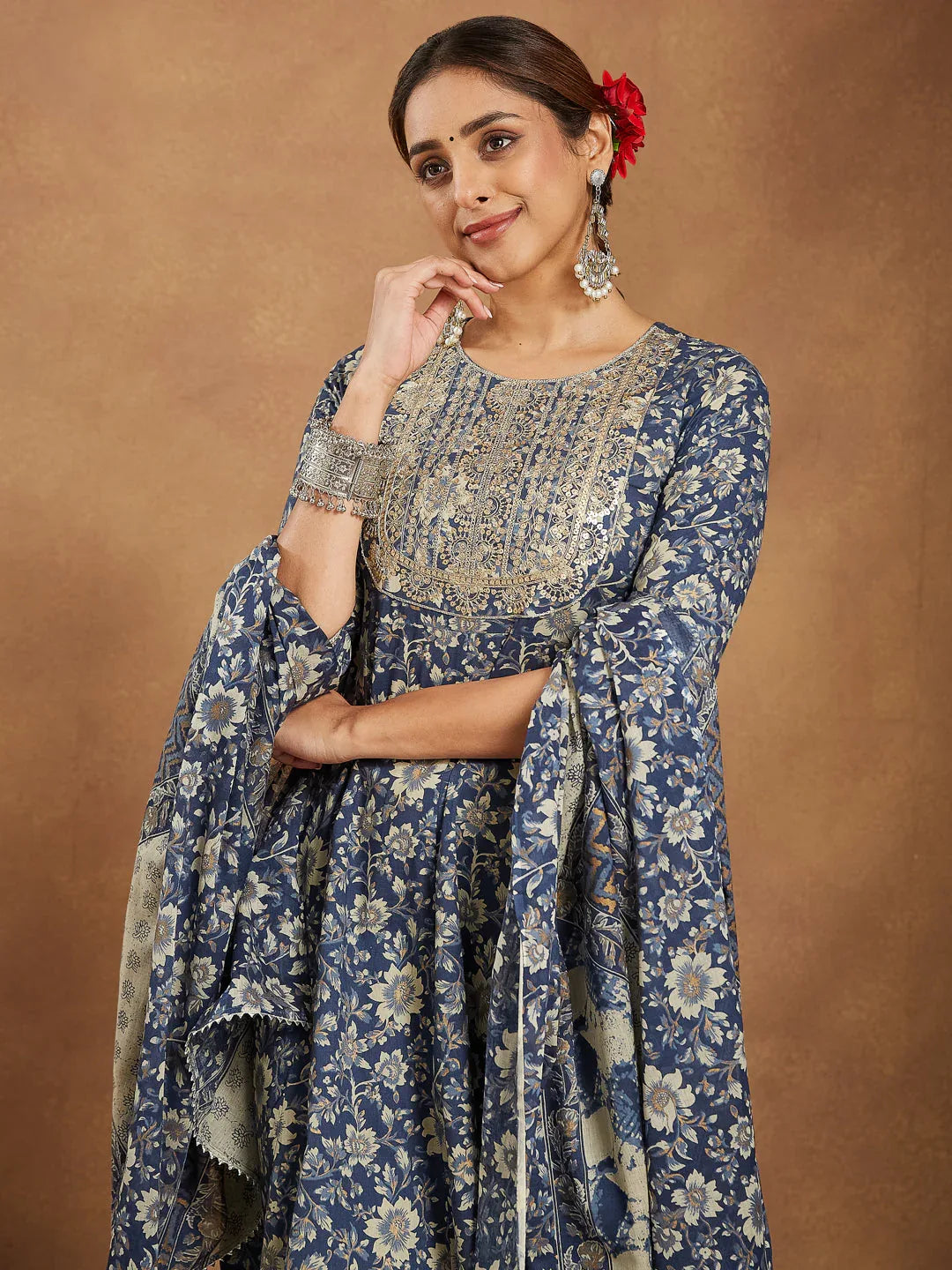 Janasya Women's Blue Pure Cotton Floral Printed Anarkali Kurta Set
