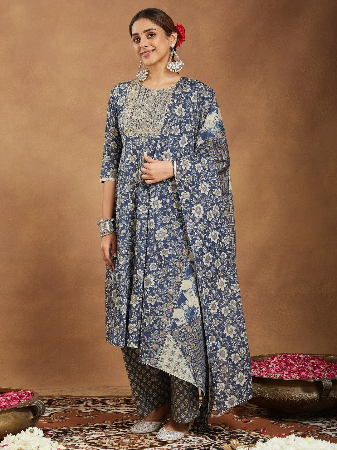 Janasya Women's Blue Pure Cotton Floral Printed Anarkali Kurta Set