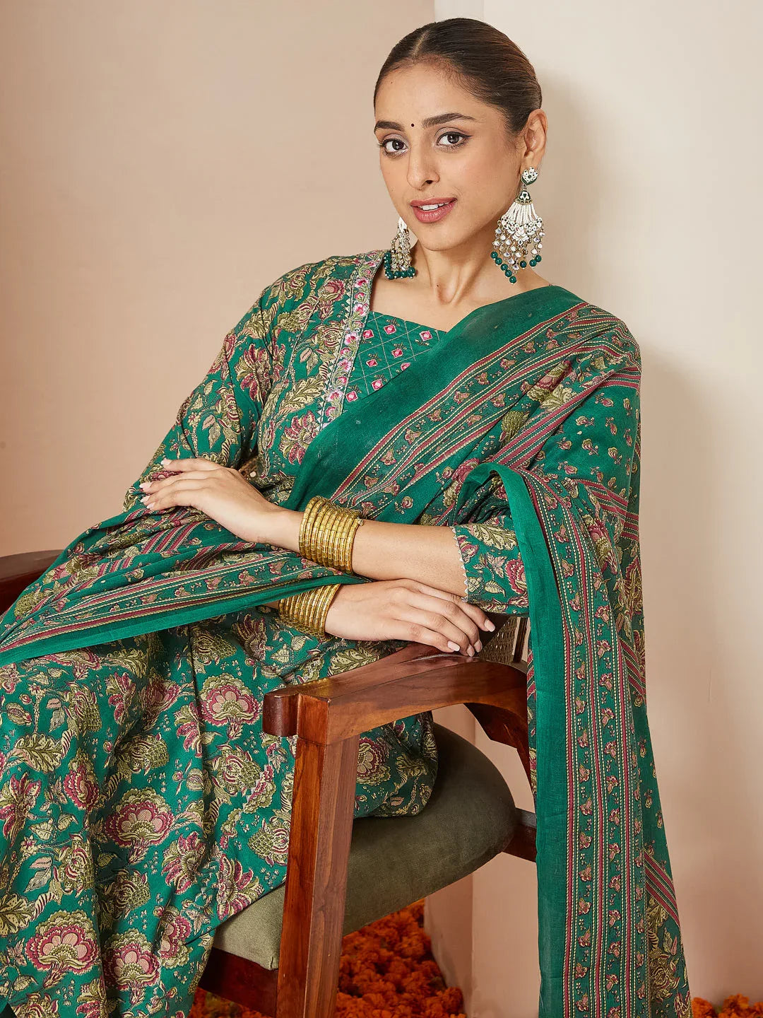 Janasya Women's Dark Green Pure Cotton Floral Printed Yoke Embroidered A-line Kurta Set