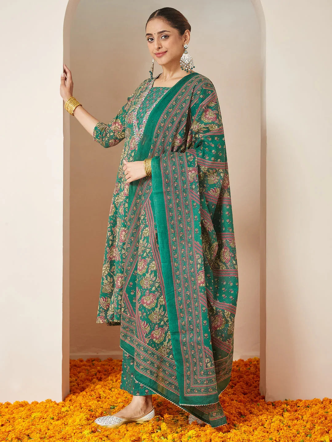 Janasya Women's Dark Green Pure Cotton Floral Printed Yoke Embroidered A-line Kurta Set