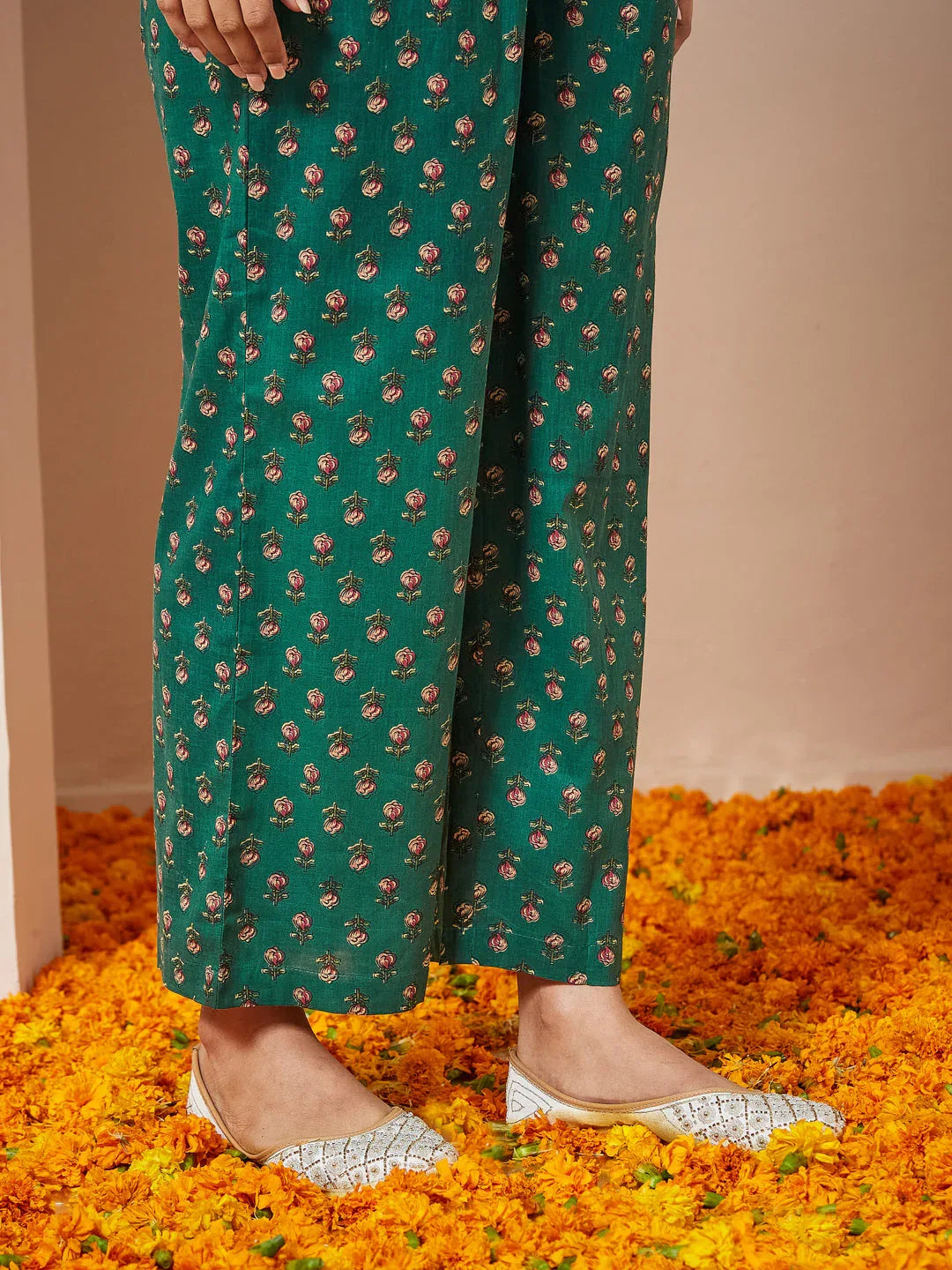 Janasya Women's Dark Green Pure Cotton Floral Printed Yoke Embroidered A-line Kurta Set