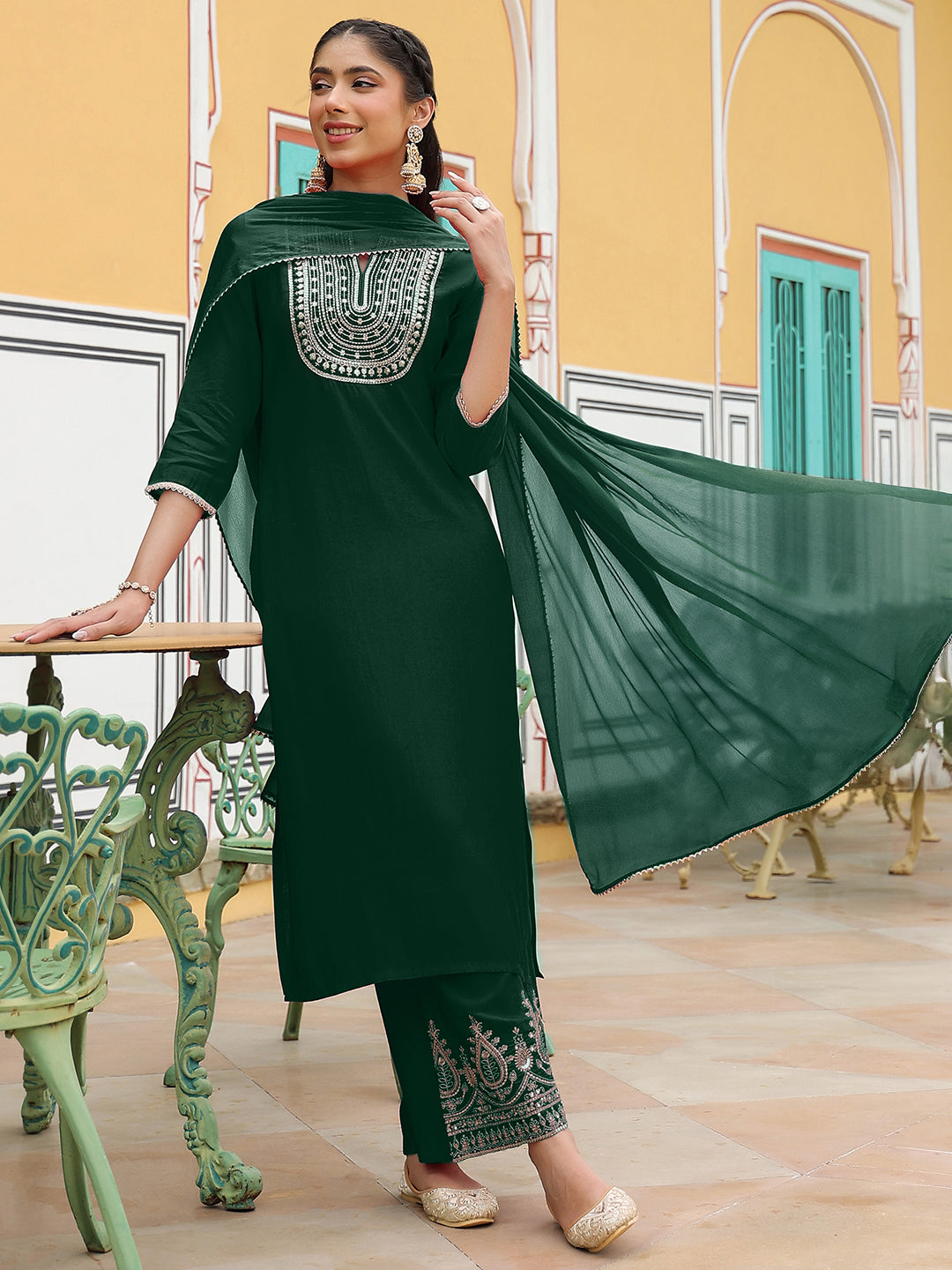 Janasya Women's Dark Green Chanderi Silk Zari Embroidered Straight Kurta Set - qivii