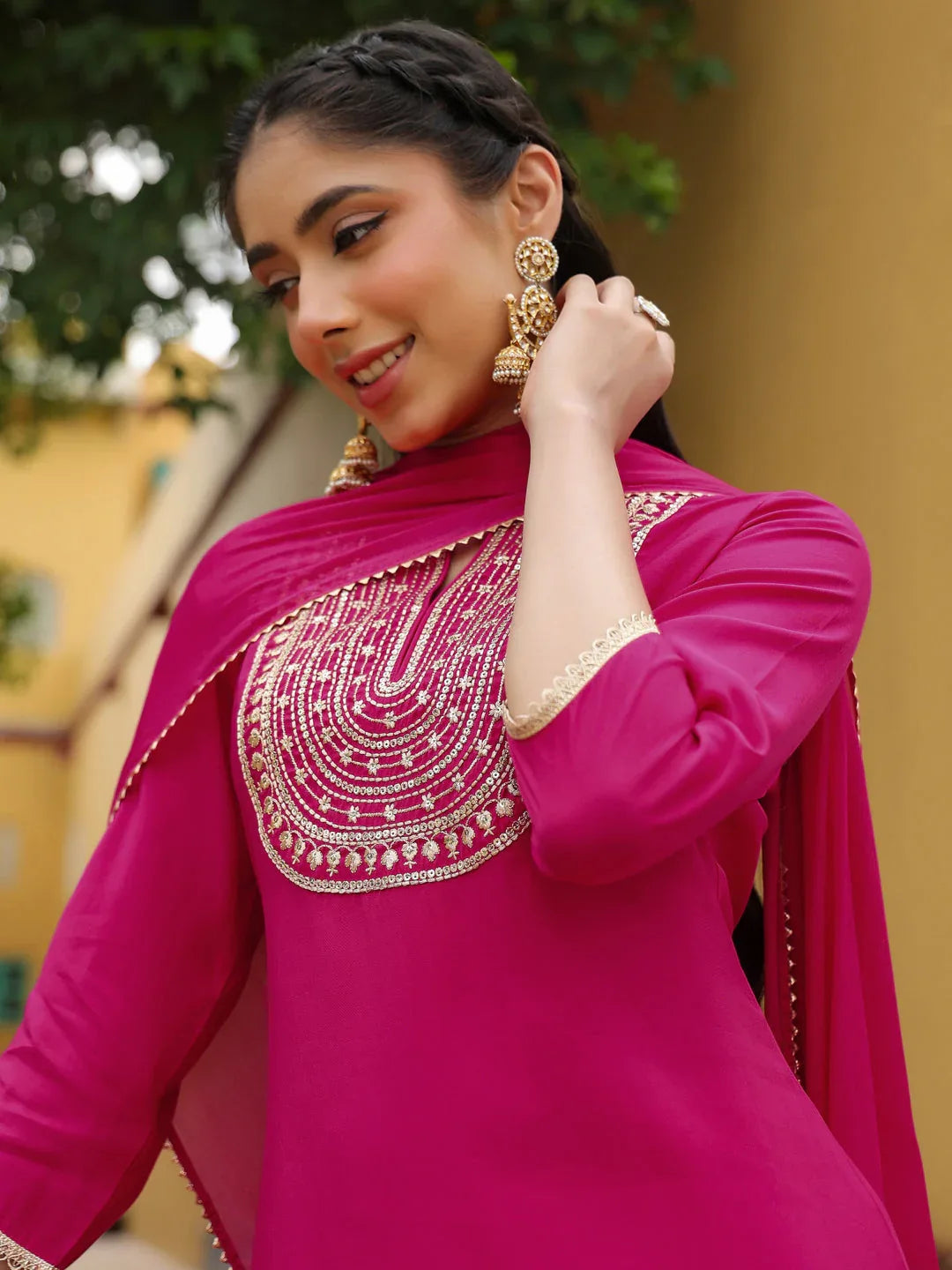 Janasya Women's Pink Chanderi Silk Zari Embroidered Straight Kurta Set