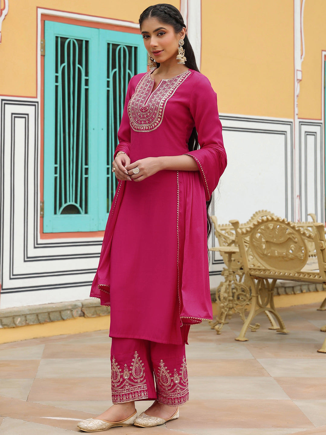 Janasya Women's Pink Chanderi Silk Zari Embroidered Straight Kurta Set - qivii