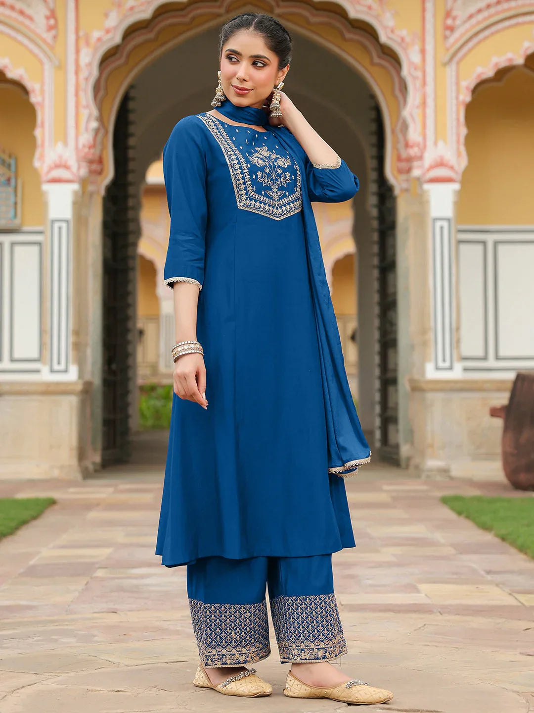 Janasya Women's Teal Blue Chanderi Silk Zari Embroidered A-line Kurta Set