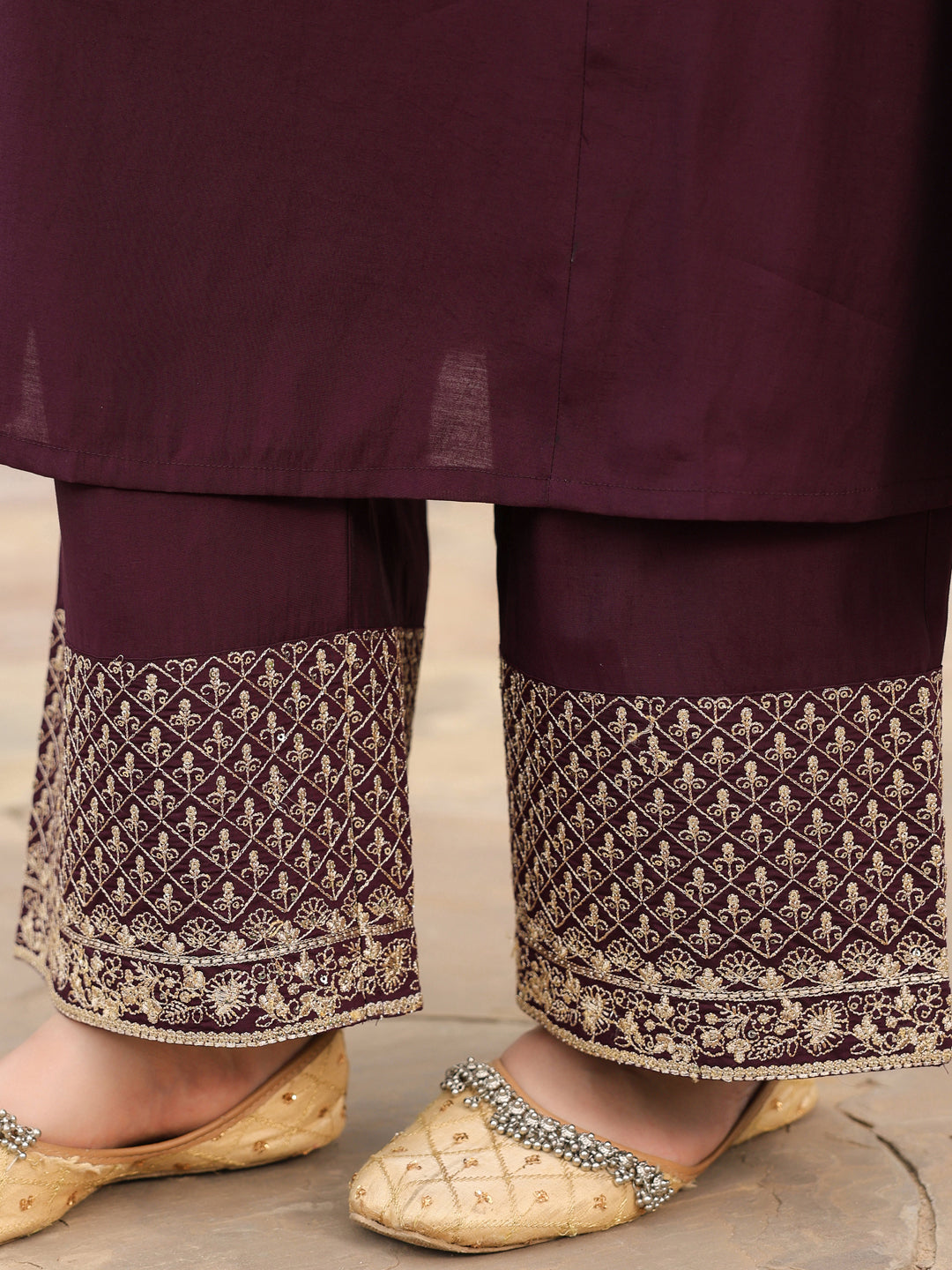 Janasya Women's Wine Chanderi Silk Zari Embroidered A-line Kurta With Palazzo & Dupatta Set - qivii