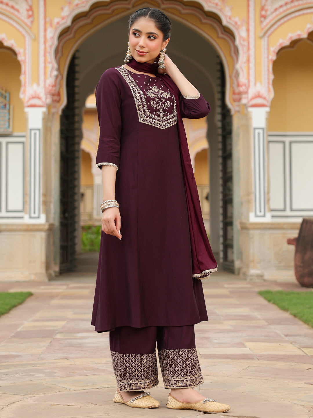 Janasya Women's Wine Chanderi Silk Zari Embroidered A-line Kurta With Palazzo & Dupatta Set - qivii