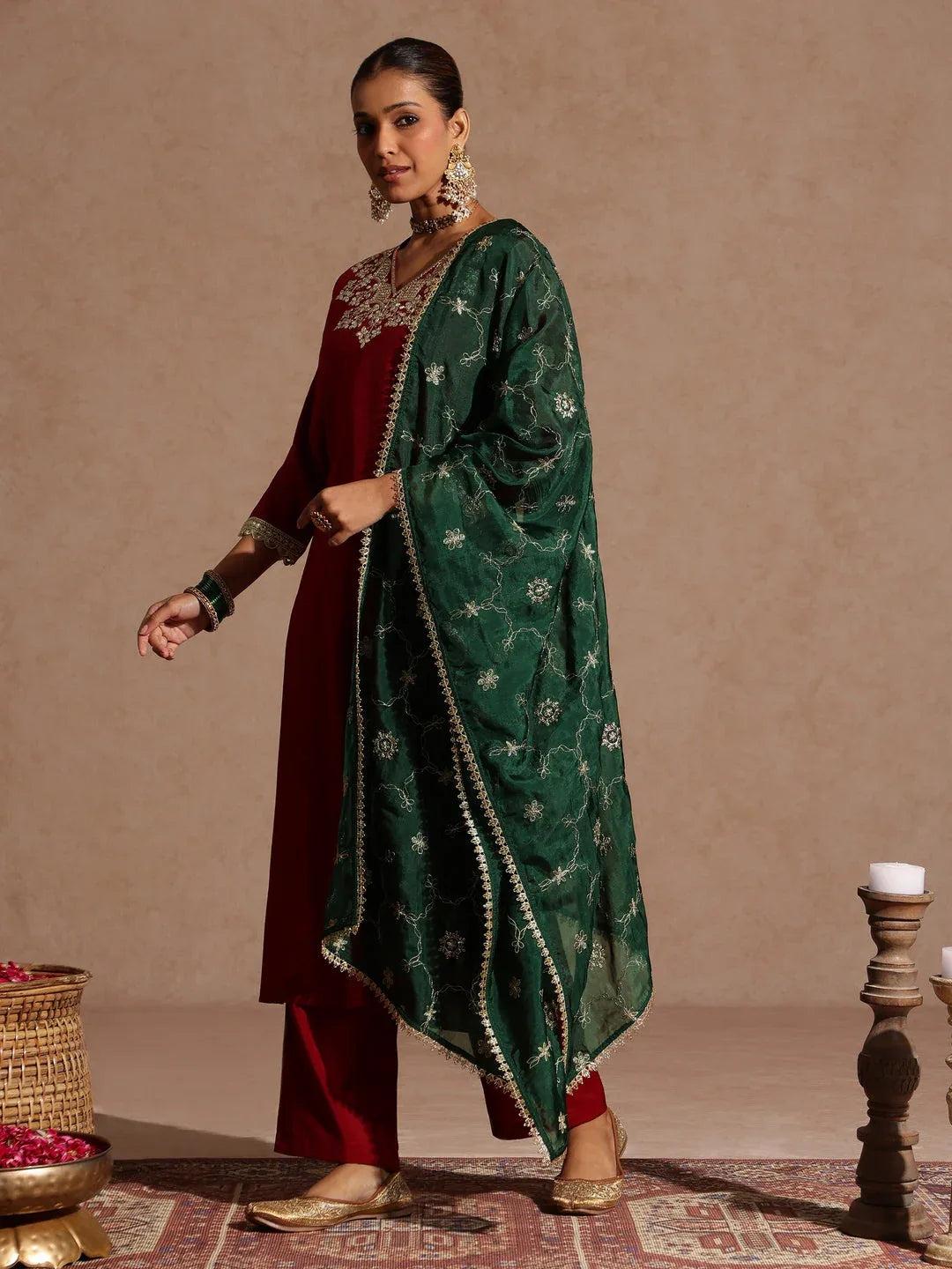 Janasya Women's Maroon Silk Blend Zari Embroidered Straight Kurta Set