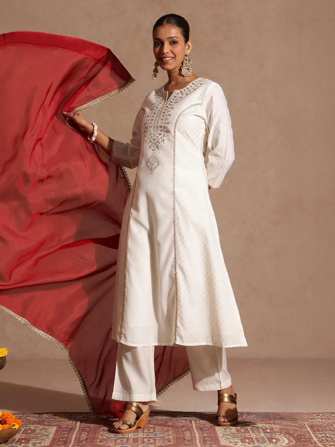 Janasya Women's Off White Chanderi Silk Zari Embroidered Gold Printed A-line Kurta Set
