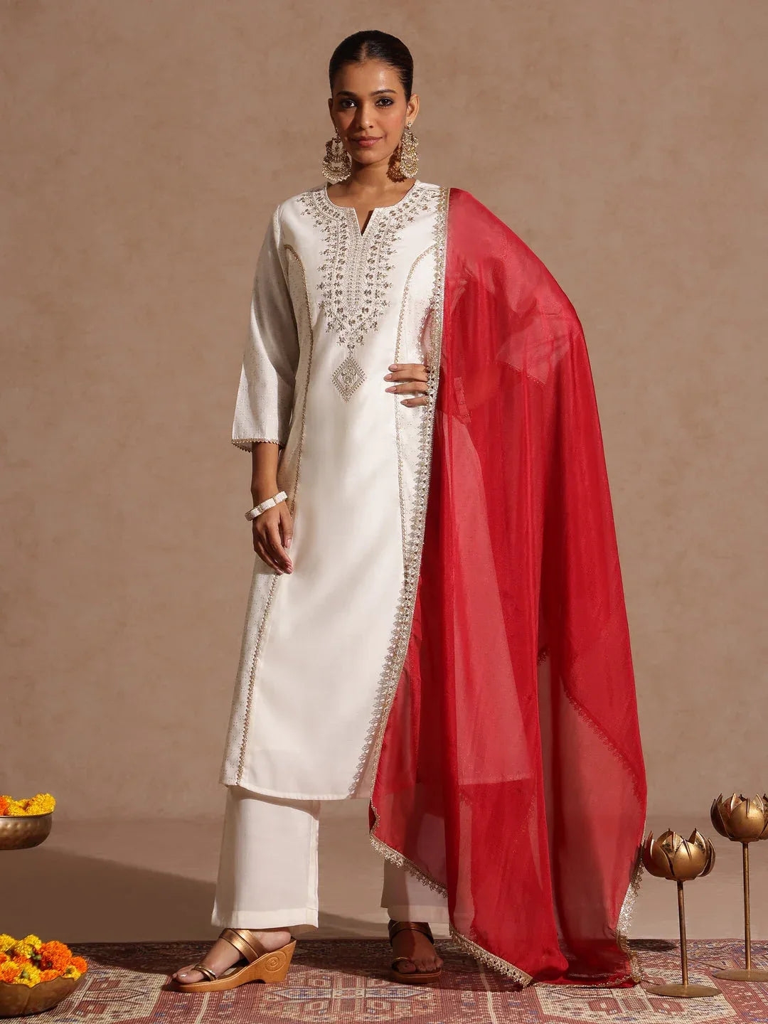 Janasya Women's Off White Chanderi Silk Zari Embroidered Gold Printed A-line Kurta Set