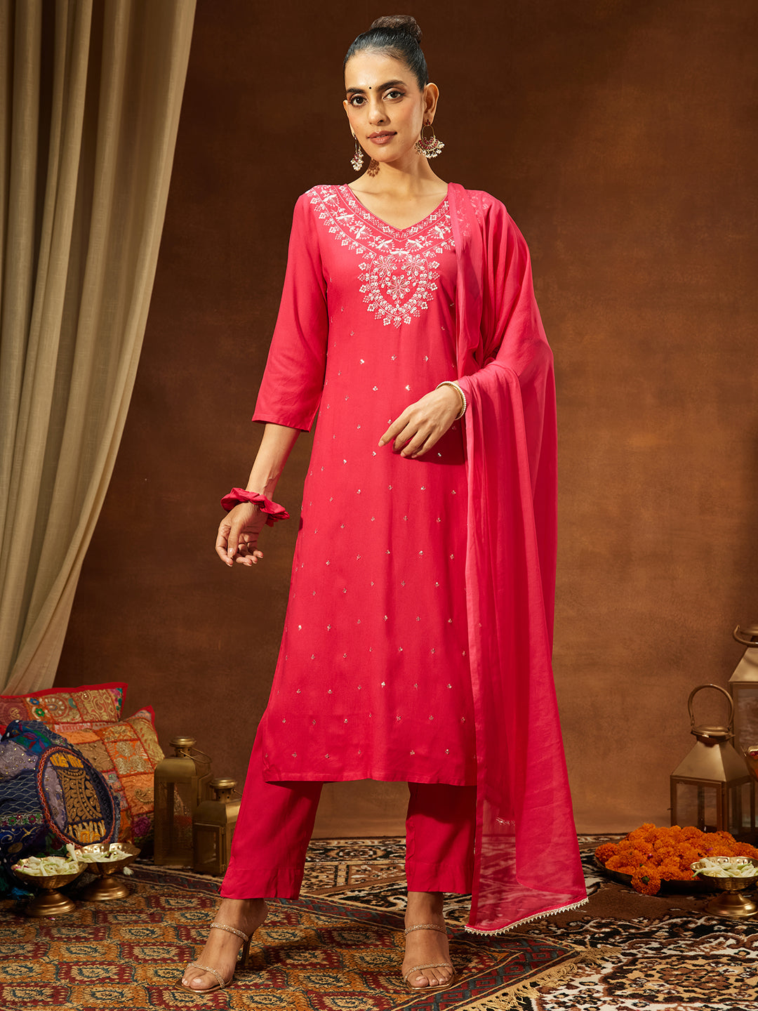 Janasya Women's Pink Rayon Embroidered Straight Kurta Set - qivii