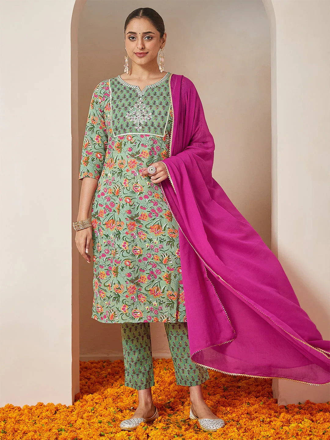Janasya Women's Mint Green Pure Cotton Yoke Embroidered Floral Printed Straight Kurta Set