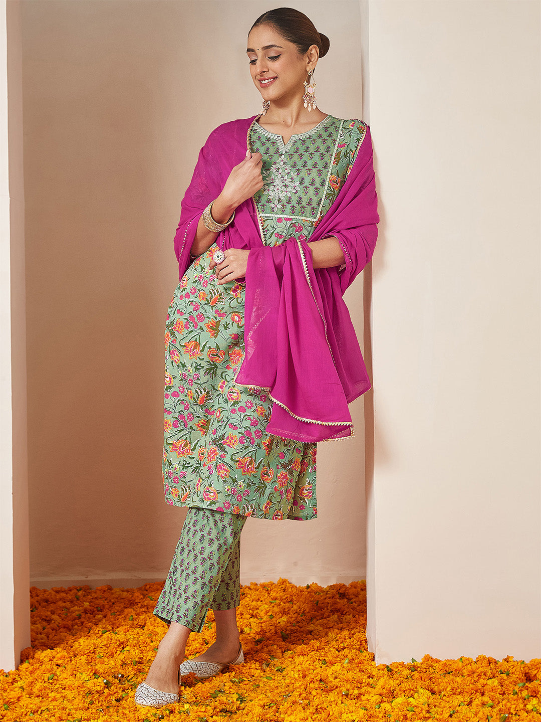 Janasya Women's Mint Green Pure Cotton Yoke Embroidered Floral Printed Straight Kurta Set - qivii