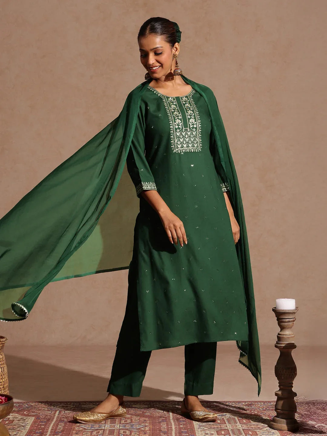 Janasya Women's Green Rayon Yoke Embroidered Sequinned Straight Kurta Set With Dupatta