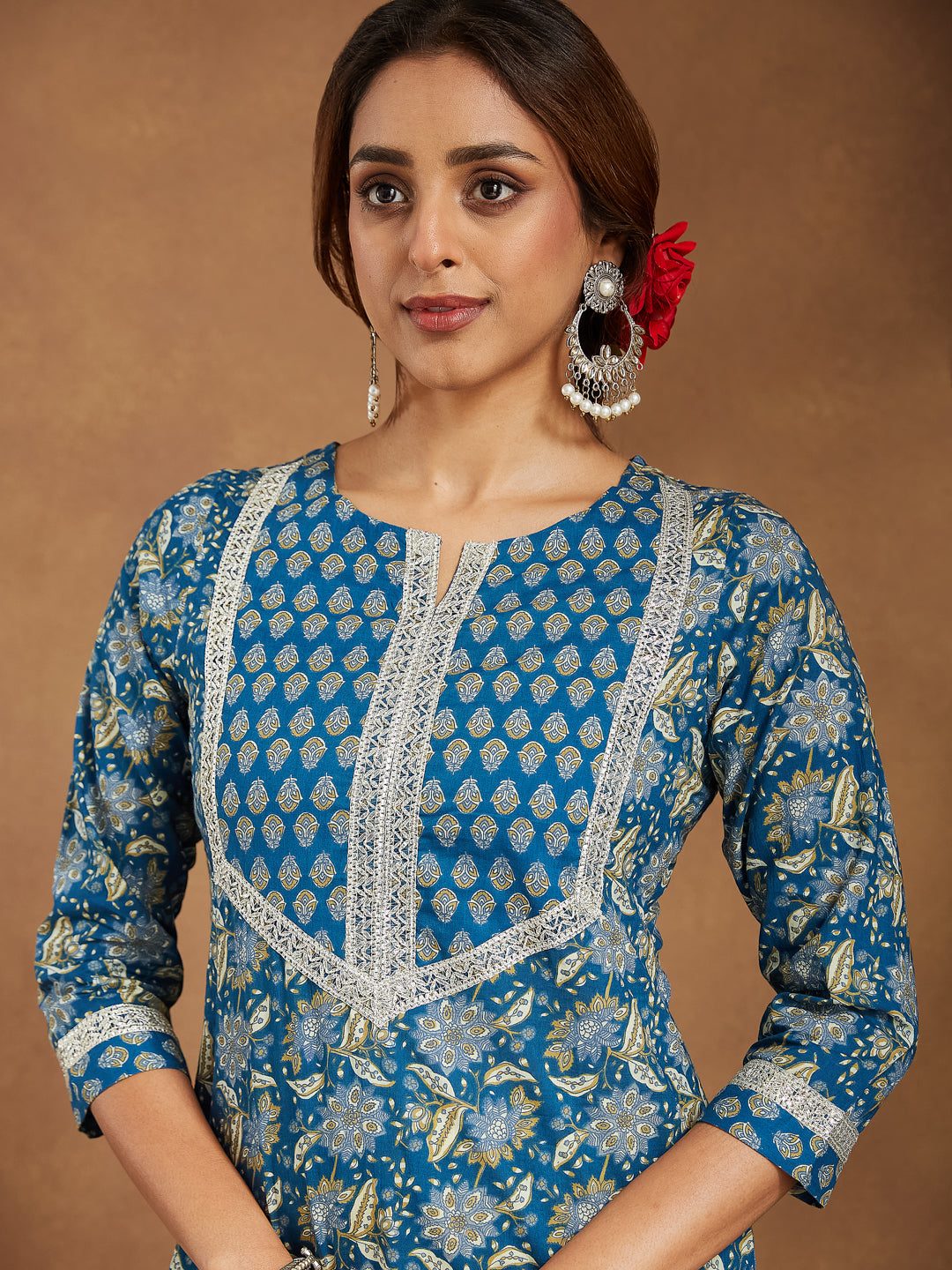 Janasya Women's Teal Blue Pure Cotton Yoke Design Floral Printed Straight Kurta Set - qivii