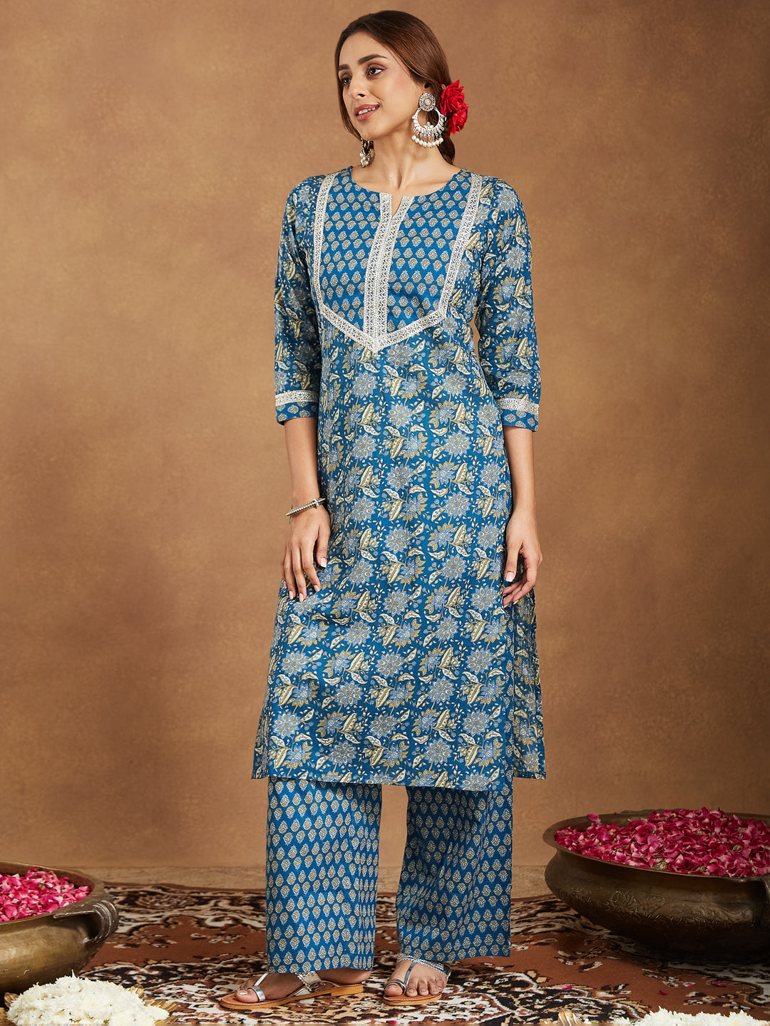 Janasya Women's Teal Blue Pure Cotton Yoke Design Floral Printed Straight Kurta Set - qivii