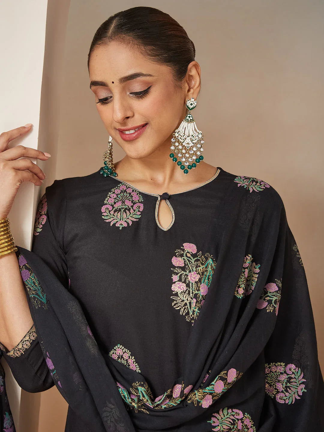 Janasya Women's Black Rayon Floral Gold Printed Straight Kurta Set