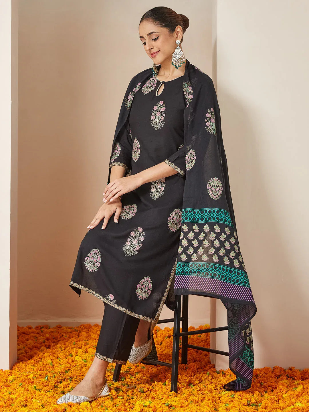 Janasya Women's Black Rayon Floral Gold Printed Straight Kurta Set