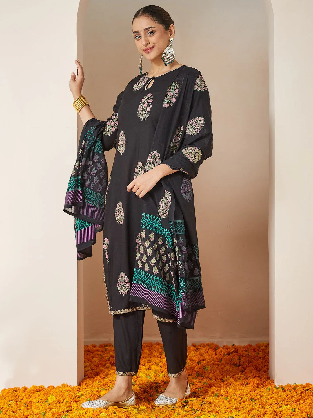 Janasya Women's Black Rayon Floral Gold Printed Straight Kurta Set