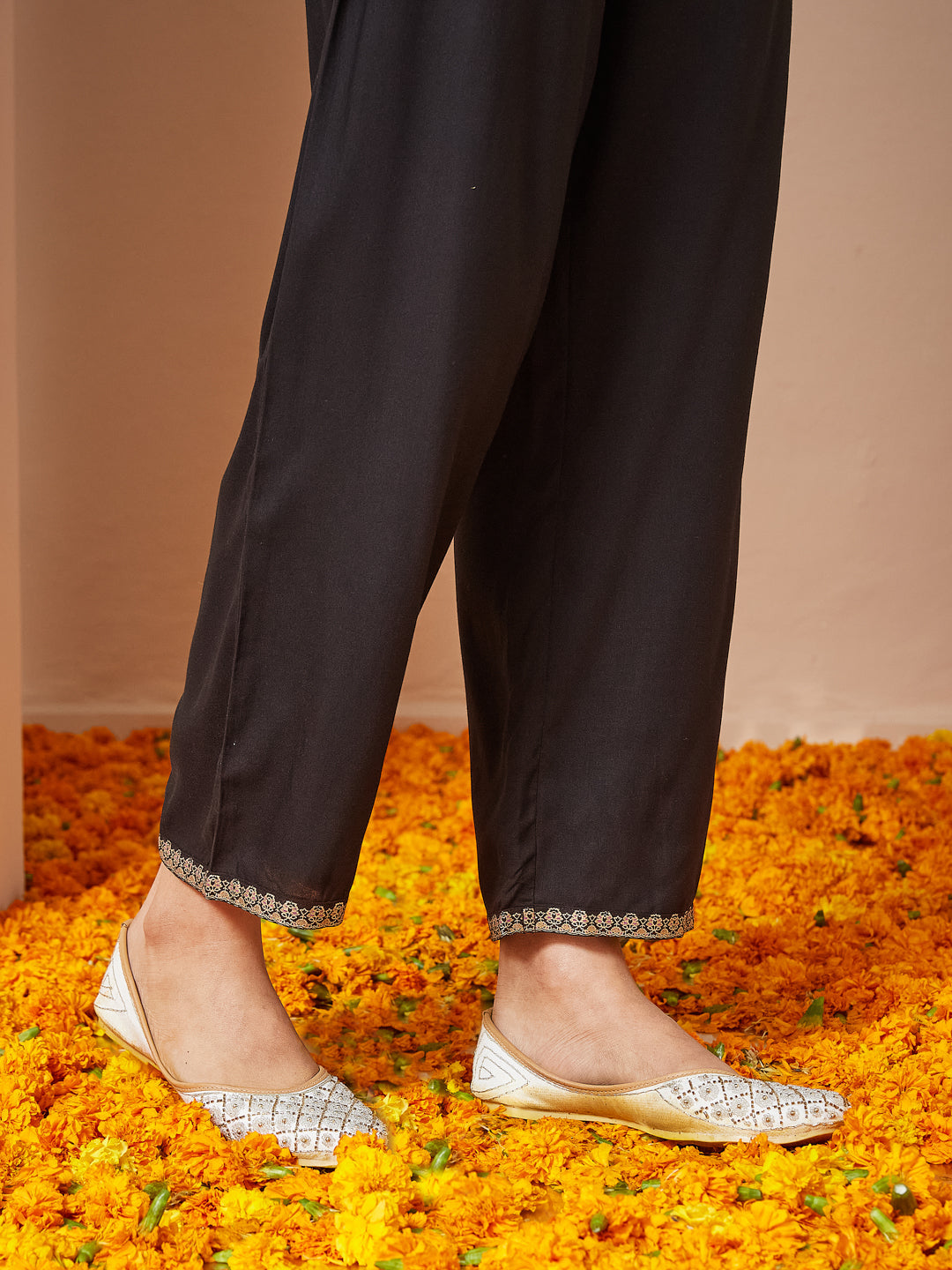 Janasya Women's Black Rayon Floral Gold Printed Straight Kurta Set - qivii