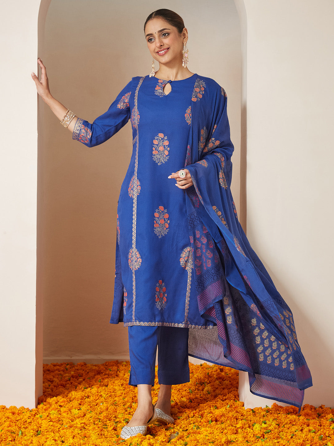 Janasya Women's Royal Blue Rayon Gold Floral Printed Straight Kurta Set - qivii