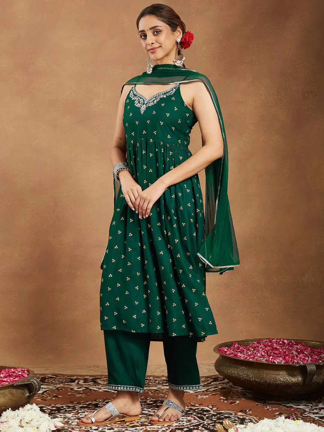 Janasya Women's Dark Green Rayon Yoke Embroidered Gold Printed A-line Kurta Set
