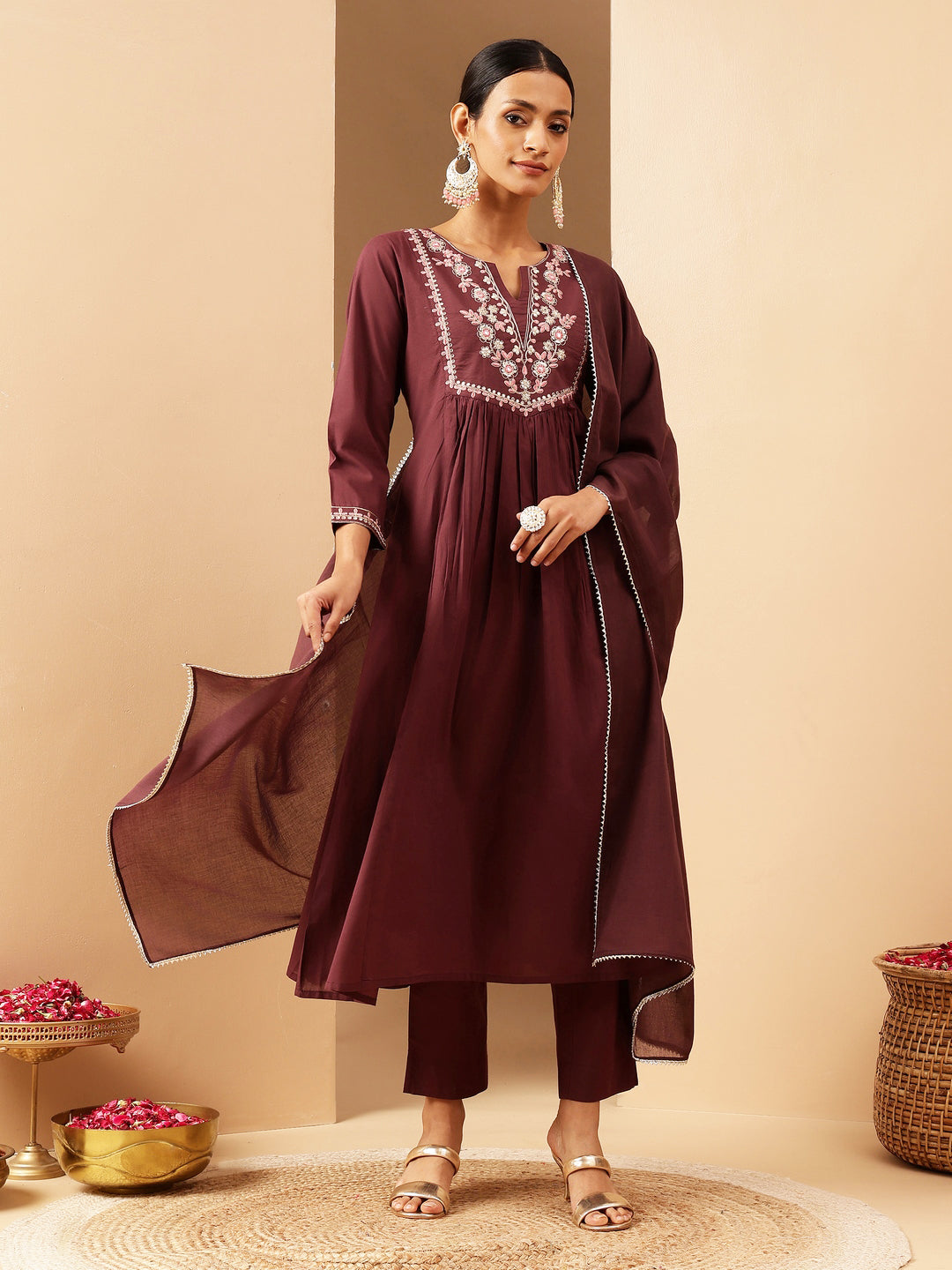 Janasya Women's Bungundy Pure Cotton Yoke Embroidered A-line Kurta Set - qivii