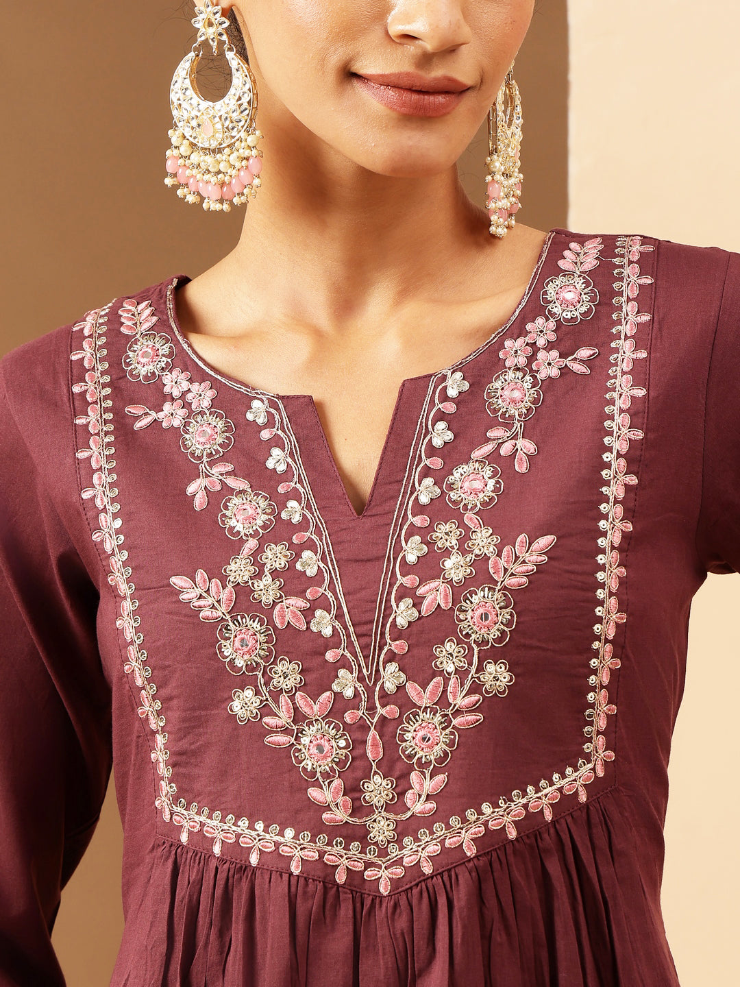 Janasya Women's Bungundy Pure Cotton Yoke Embroidered A-line Kurta Set - qivii