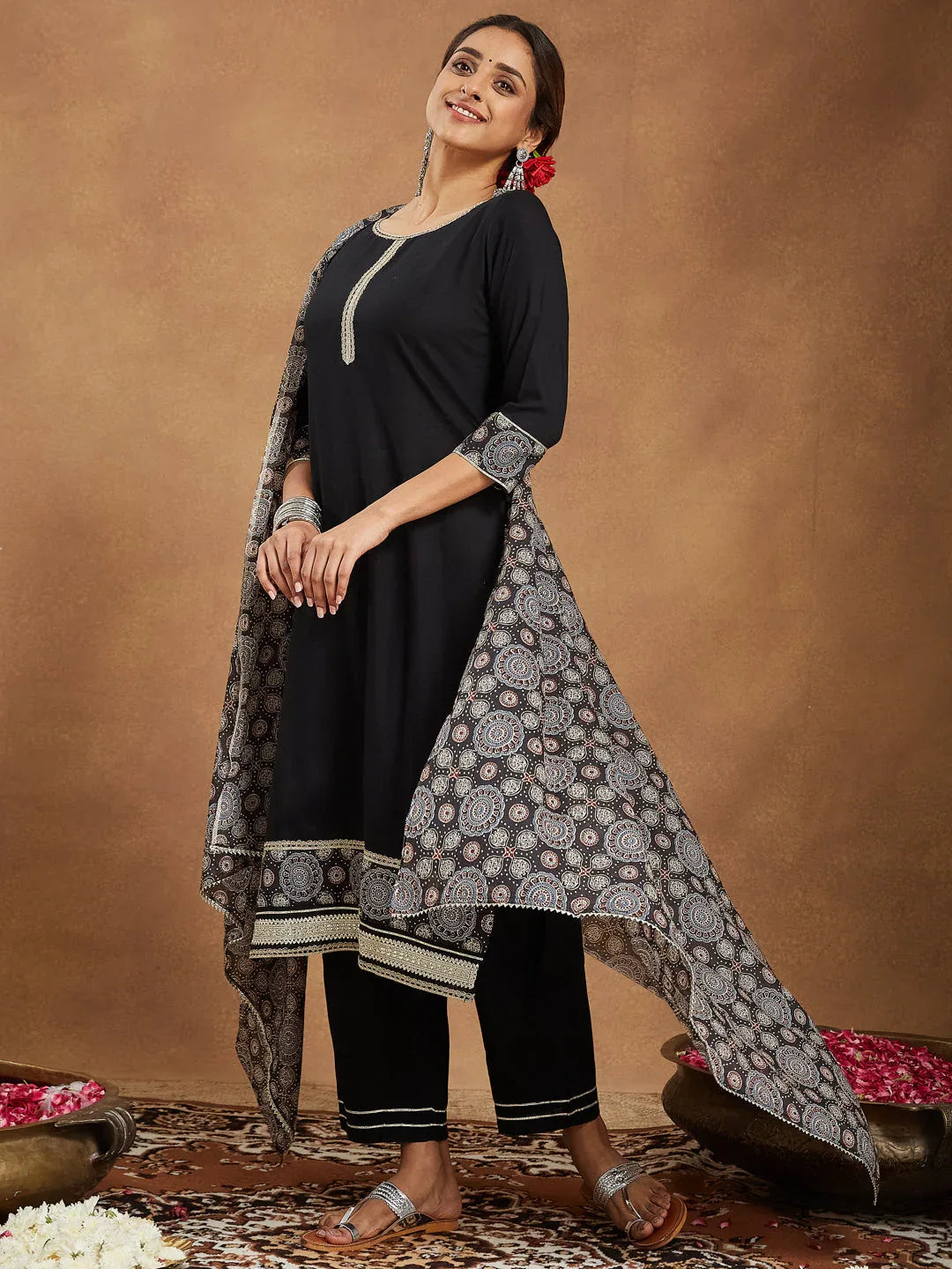 Janasya Women's Black Rayon Ajrakh Printed Straight Kurta Set