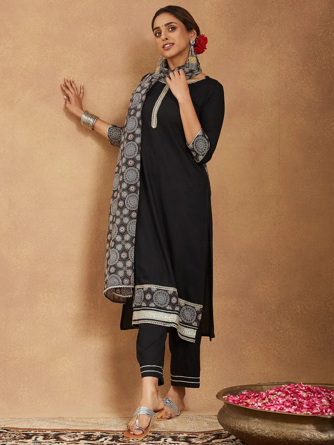Janasya Women's Black Rayon Ajrakh Printed Straight Kurta Set