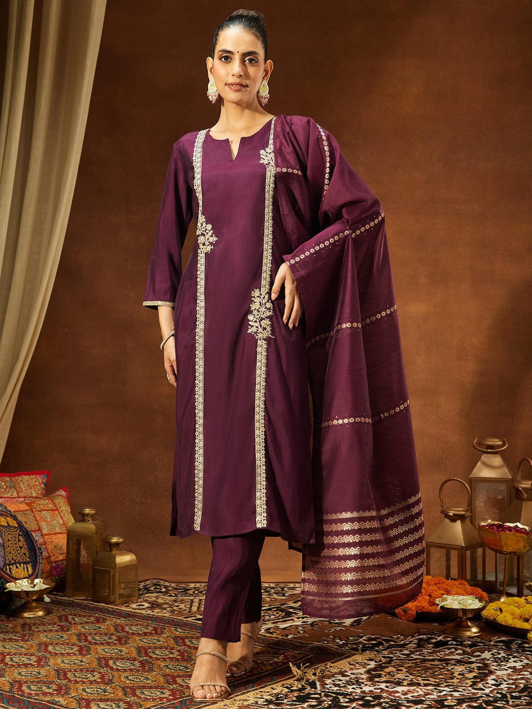 Janasya Women's Wine Chanderi Silk Embroidered Straight Kurta Set - qivii