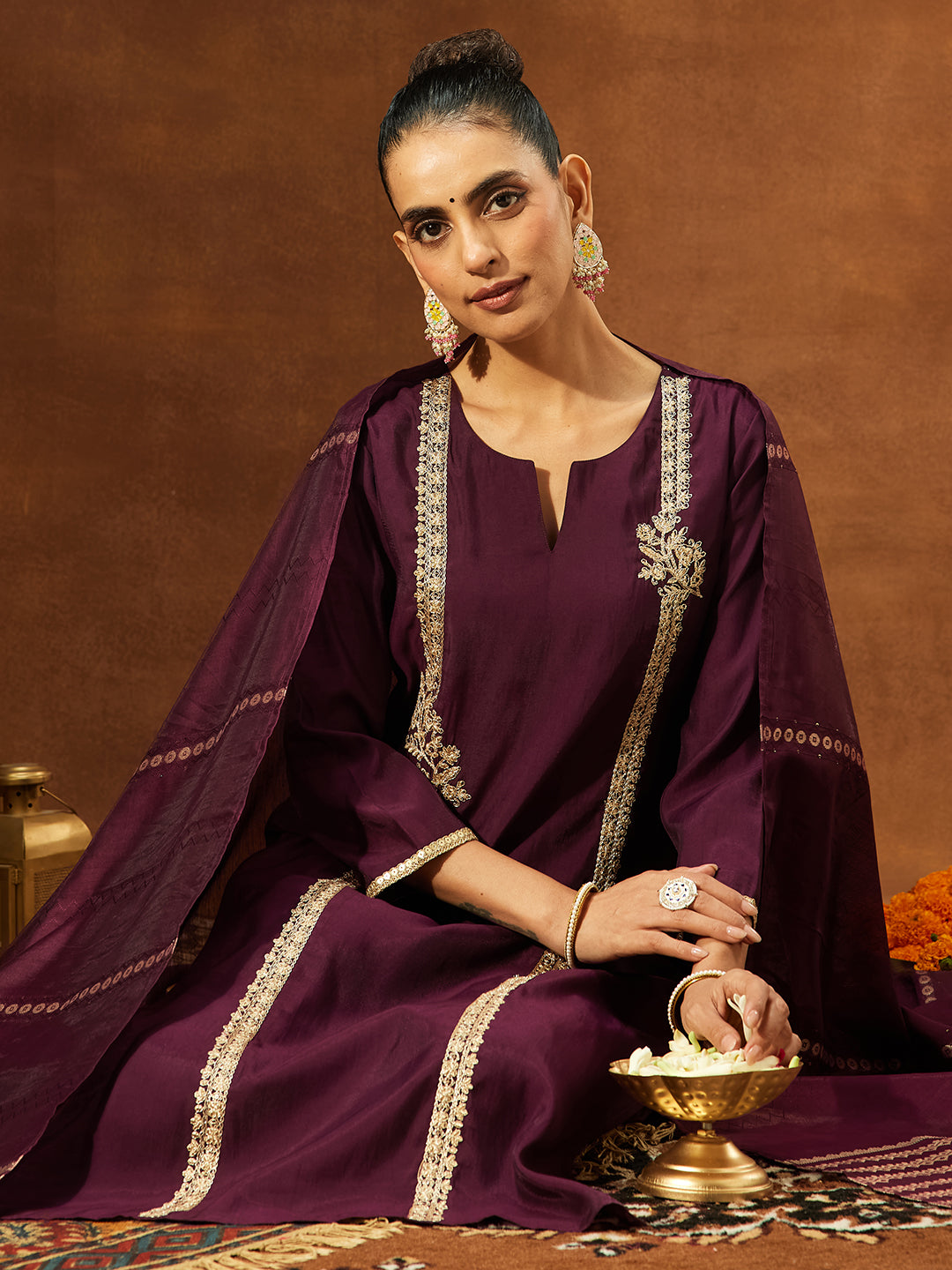 Janasya Women's Wine Chanderi Silk Embroidered Straight Kurta Set - qivii