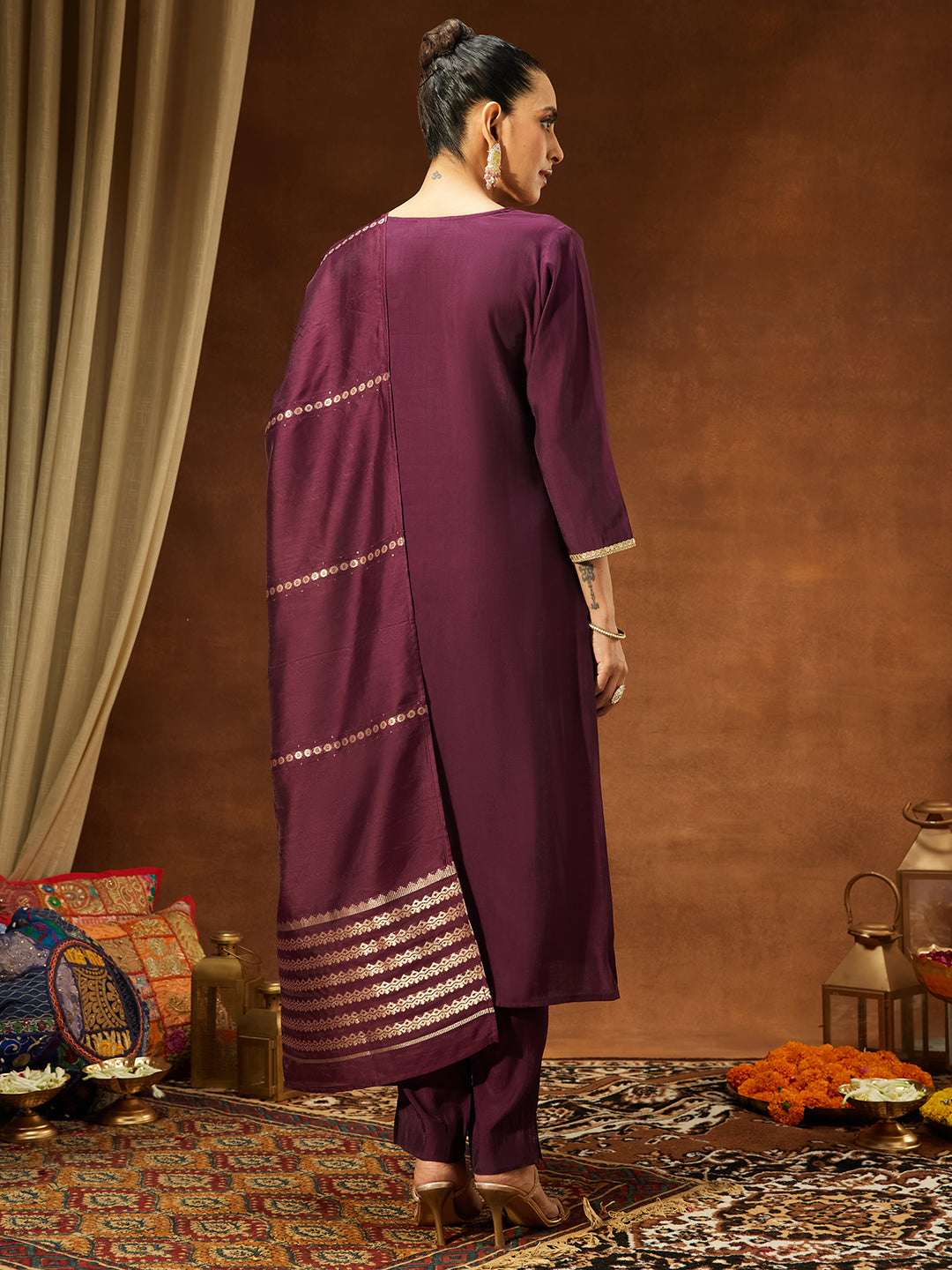 Janasya Women's Wine Chanderi Silk Embroidered Straight Kurta Set - qivii